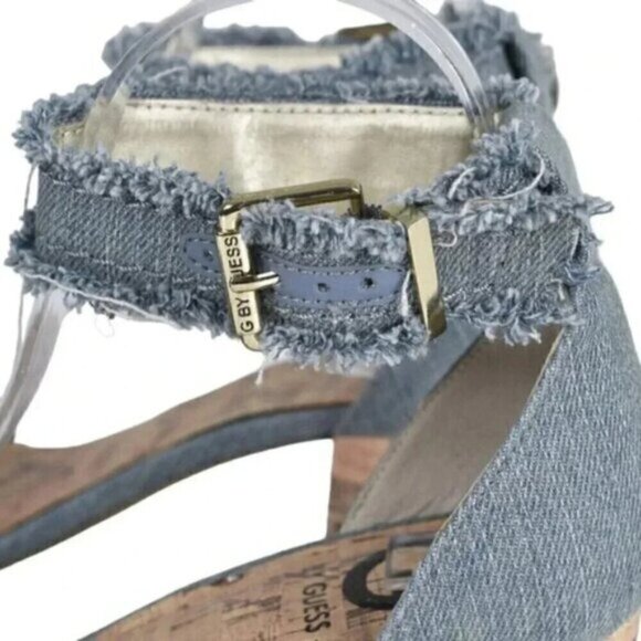 G By Guess Frayed  Denim Sandal Heel Chunky Cork Heel Open Toe Size 8.5 - Picture 4 of 16